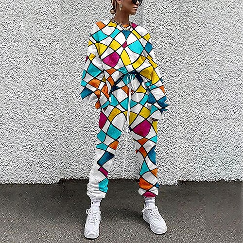 

Women's Active Streetwear Color Block Geometric Sports Outdoor Casual Two Piece Set Sweatshirt Tracksuit Pants Sets Jogger Pants Drawstring Print Tops