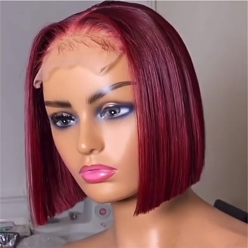 

Remy Human Hair 13x4 Lace Front Wig Bob Short Bob Free Part Brazilian Hair Straight Burgundy Wig 130% 150% Density with Baby Hair Highlighted / Balayage Hair Natural Hairline 100% Virgin Pre-Plucked