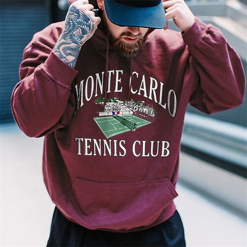 

Men's Hoodie Pullover Hooded Graphic Letter Front Pocket Print Daily Holiday Going out Hot Stamping Streetwear Casual Hoodies Sweatshirts Long Sleeve Wine Red
