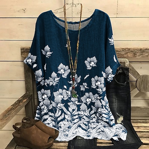 

Women's Shirt Floral Daily Weekend Floral Shirt Short Sleeve Flowing tunic Print Round Neck Casual Streetwear Navy Blue S / 3D Print