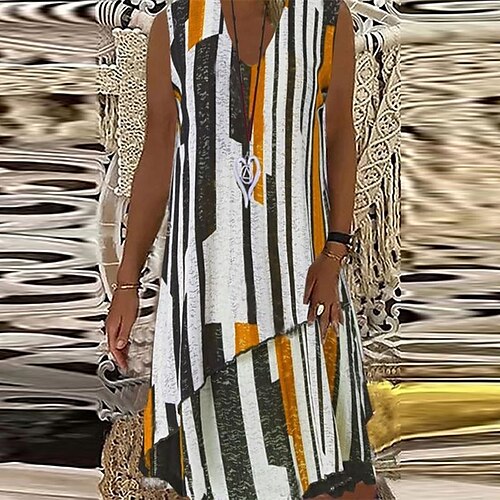 

Women's Shift Dress Casual Dress Knee Length Dress Gray Yellow Red Sleeveless Striped Print Fall Winter V Neck Casual Modern 2022 S M L XL XXL 3XL 4XL 5XL