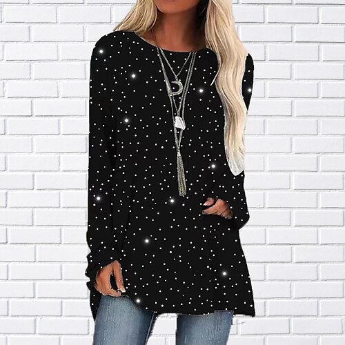 

Women's T shirt Tee Polka Dot Casual Weekend T shirt Tee Long Sleeve Print Round Neck Basic Green Black Blue S / 3D Print