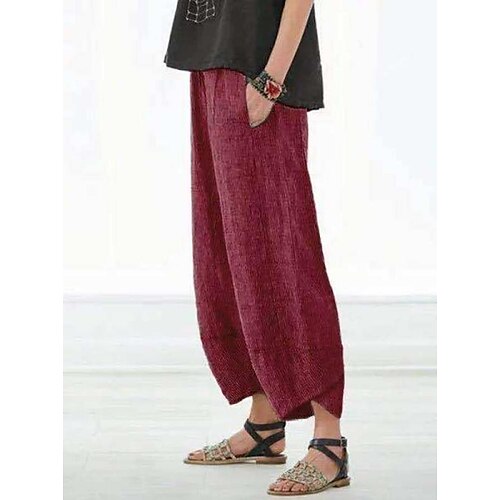 

Women's Pants Trousers Linen Linen / Cotton Blend Khaki Red Gray Mid Waist Fashion Casual Weekend Side Pockets Micro-elastic Ankle-Length Comfort Plain S M L XL XXL / Loose Fit