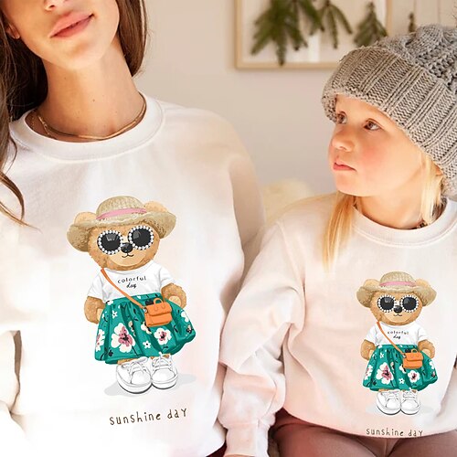 

Mommy and Me Sweatshirt Graphic Bear Letter Daily Print White Long Sleeve Daily Matching Outfits