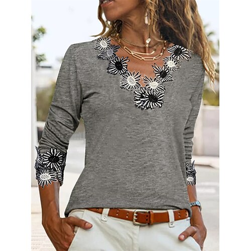 

Women's T shirt Tee Plain Home Casual Daily T shirt Tee Long Sleeve Lace Trims V Neck Basic Gray S
