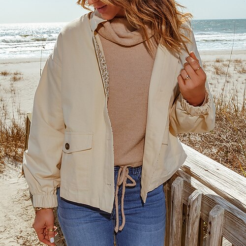 

Women's Casual Jacket Windproof Warm Outdoor Street Daily Vacation Pocket Cardigan Lapel Comfortable Street Style Solid Color Regular Fit Outerwear Long Sleeve Winter Fall Apricot S M L XL XXL