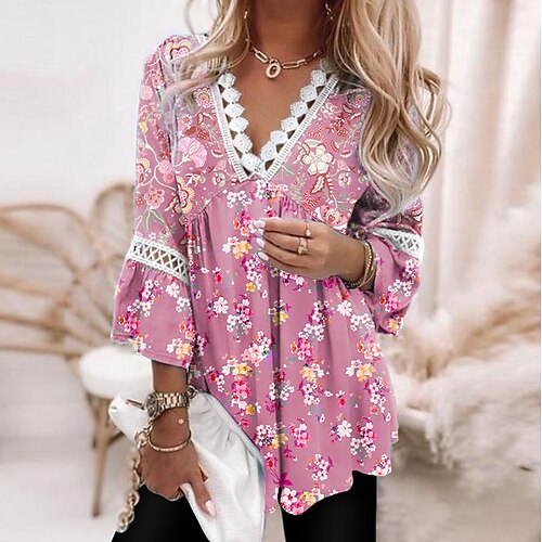 

Women's Blouse Floral Daily Weekend Floral Blouse Shirt 3/4 Length Sleeve Lace Trims Flowing tunic Print V Neck Casual Streetwear Red S / 3D Print