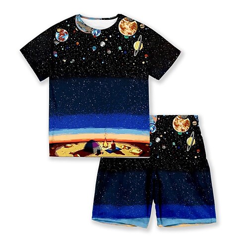 

Kids Boys T-shirt Shorts Clothing Set 2 Pieces Short Sleeve Black Galaxy Crewneck Print Street Sports Vacation Fashion Comfort Cool Daily 3-13 Years