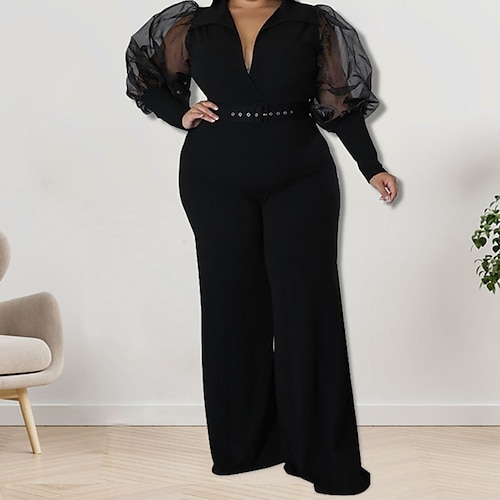 

Women's Plus Size Jumpsuit Mesh Patchwork Solid Color Streetwear Casual Casual Daily Natural Full Length Spring Fall Green Black Blue XL XXL 3XL 4XL 5XL