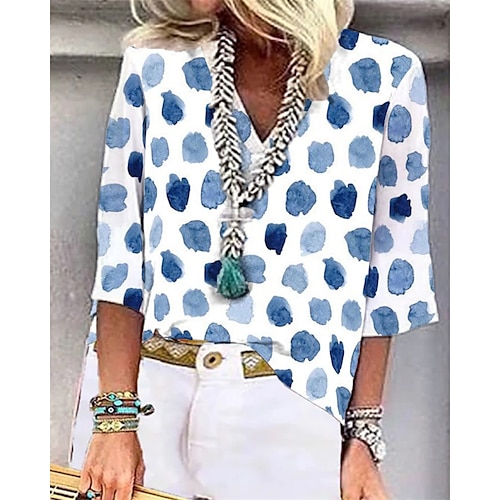 

Women's Shirt Polka Dot Daily Weekend Shirt Half Sleeve Print V Neck Casual Streetwear Green Blue Yellow S / 3D Print