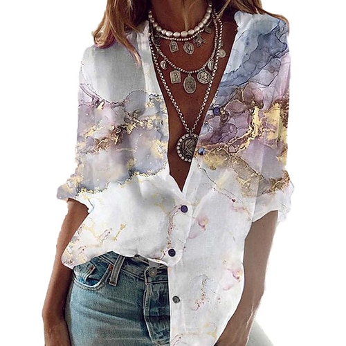 

Women's Blouse Shirt Blue Purple Graphic Abstract Button Print Long Sleeve Daily Weekend Streetwear Casual Standing Collar Regular S / 3D Print
