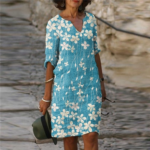 

Women's Casual Dress Shift Dress Knee Length Dress Green Blue Purple Half Sleeve Floral Print Spring Summer V Neck Elegant Casual 2022 S M L XL XXL 3XL
