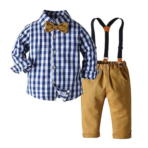 

camisa meninos meninos Calças conjunto de roupas 2 peças manga longa xadrez bege algodão rua férias moda casual 2-6 anos