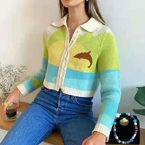 

Women's Cardigan Sweater Jumper Crochet Knit Knitted Button Color Block Shirt Collar Stylish Casual Daily Date Fall Winter Yellow S M L / Long Sleeve / Regular Fit / Going out / Animal