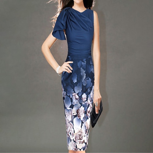 

Women's Bodycon Sheath Dress Knee Length Dress Blue Sleeveless Floral Ruched Print Fall Spring V Neck Stylish Modern Slim 2022 S M L XL / Summer