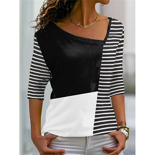 

Women's T shirt Tee Striped Home Casual Daily Geometric T shirt Tee Long Sleeve Print Diagonal Neck Basic Black S / 3D Print