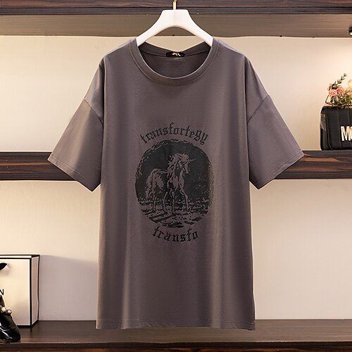 

Women's Plus Size Tops Blouse Shirt Horse Letter Print Short Sleeve Round Neck Basic Streetwear Daily Going out Cotton Fall Winter Dark Gray Apricot