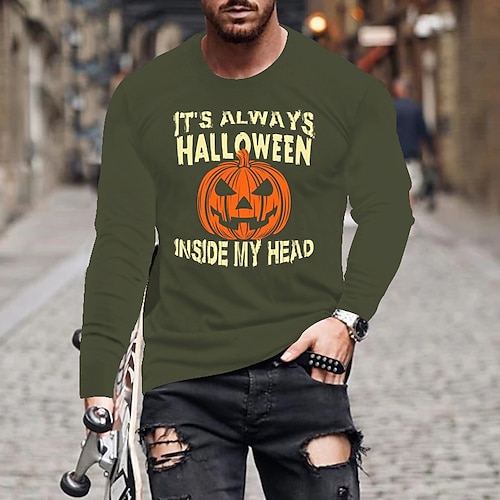 

Men's Unisex T shirt Tee Letter Pumpkin V Neck Green Black Gray Navy Blue Long Sleeve Hot Stamping Outdoor Street Print Tops Basic Sports Designer Simple