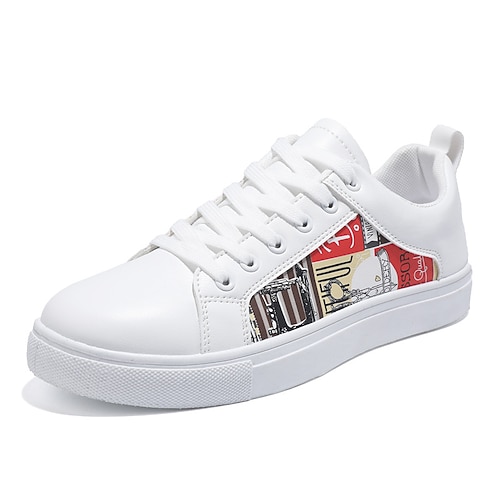 Men's White Casual Graphic Sneakers - Stylish Lace-Up Low
