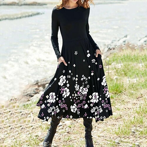 

Women's Casual Dress Swing Dress Midi Dress Black Long Sleeve Floral Pocket Winter Fall Autumn Winter Dress Fall Dress 2022 S M L XL XXL 3XL