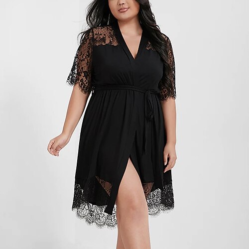 

Women's Plus Size Work Dress Solid Color V Neck Lace Half Sleeve Fall Winter Work Knee Length Dress Daily Vacation Dress