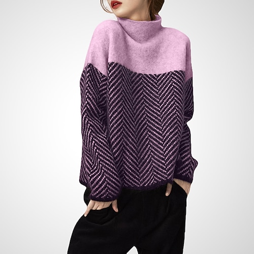 

2022 autumn and winter new french temperament contrast color long-sleeved turtleneck sweater women's loose and thin outer wear knitted bottoming shirt