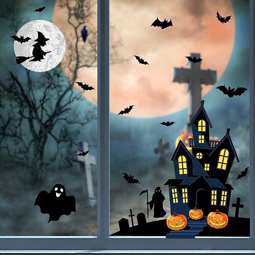 

Halloween Decoration Haunted House Stickers Witch Ghost Bat Window Stickers Halloween Glass Stickers Self-Adhesive for Halloween Party
