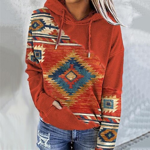 

Women's Plus Size Tops Hoodie Sweatshirt Geometry Pocket Print Long Sleeve Hooded Vintage Streetwear Daily Going out Polyester Fall Winter khaki Red