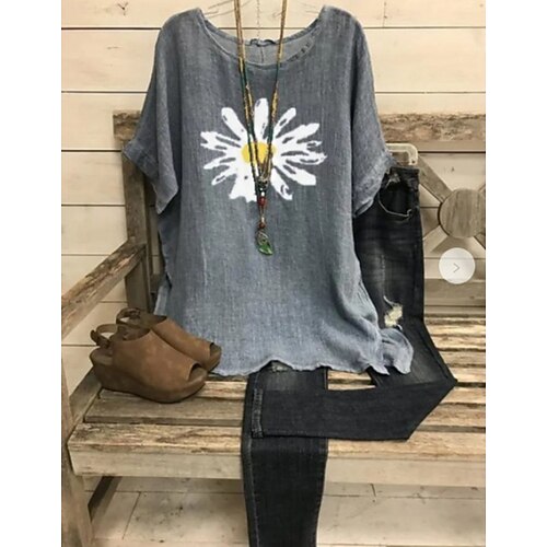 

Women's T shirt Tee Flower Casual Weekend Floral T shirt Tee Short Sleeve Print Round Neck Basic Green Blue Gray S