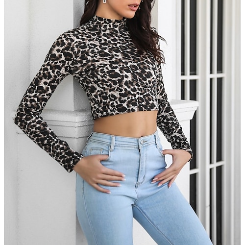 

Haut court cache-cœur Femme Noir Léopard Patchwork Imprimer manche longue Casual Fin de semaine Vêtement de rue Décontractées Col Haut Mince S