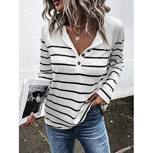 

Women's T shirt Tee Striped Daily T shirt Tee Long Sleeve Print V Neck Basic White S