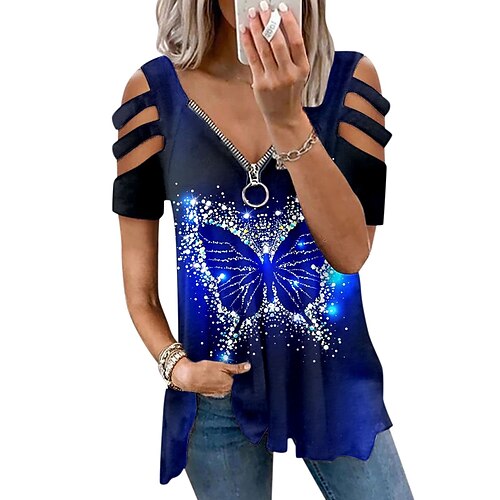 

Women's Blouse Green Blue Purple Graphic Butterfly Zipper Print Long Sleeve Casual Weekend Basic V Neck Regular S / 3D Print