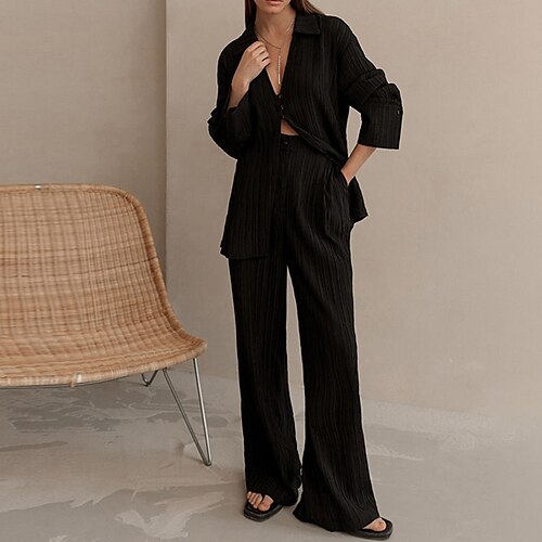 

Women's Loungewear Sets 2 Pieces Pure Color Fashion Comfort Home Daily Polyester Lapel Long Sleeve Pant Pocket Winter Fall Green Khaki