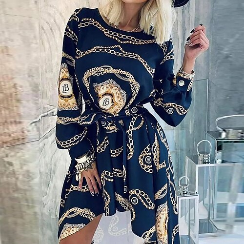 

Women's Shirt Dress Swing Dress Midi Dress Black Long Sleeve Floral Lace up Plus High Low Print Fall Winter Round Neck Casual Modern Loose 2022 S M L XL XXL 3XL