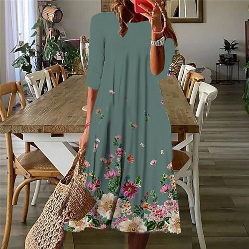 

Women's Casual Dress Shift Dress Midi Dress Green Blue Red 3/4 Length Sleeve Floral Ruched Print Fall Spring Round Neck Casual Vacation 2022 S M L XL XXL 3XL