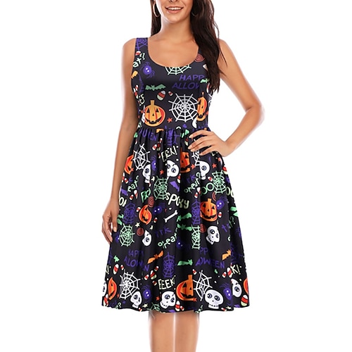 

Women's A Line Halloween Dress Swing Dress Knee Length Dress Black Sleeveless Abstract Skull Pumpkin Ruched Print Fall Winter Crew Neck Stylish Vintage 2022 S M L XL XXL / Summer