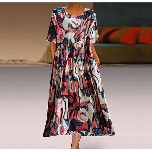 

Women's Swing Dress Maxi long Dress Green Black Yellow Dark Green Dark Blue Red Half Sleeve Print Print Spring Summer Crew Neck Loose 2022 One-Size
