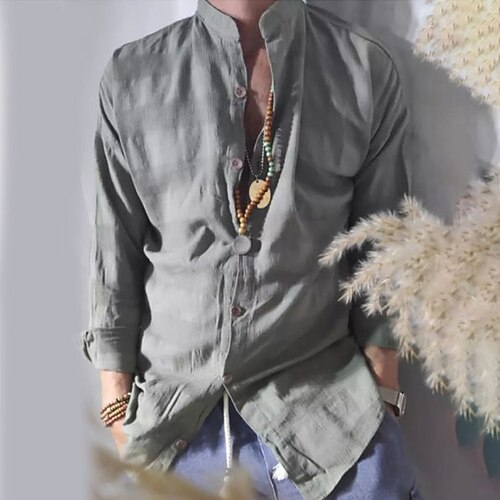 

Men's Shirt Solid Color Stand Collar Light gray Long Sleeve Street Daily Button-Down Tops Fashion Casual Comfortable