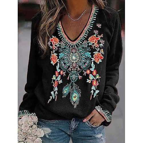 

Women's Sweatshirt Pullover Streetwear Casual Print Black Flower Casual V Neck Long Sleeve S M L XL XXL