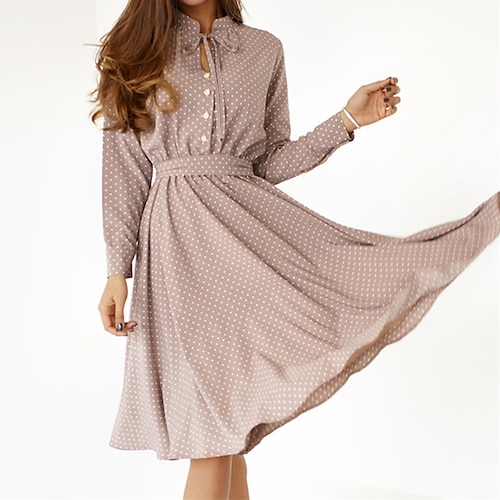 

Women's Casual Dress Swing Dress PolkaDotDress Midi Dress Light Brown Long Sleeve Polka Dot Button Winter Fall Autumn Stand Collar Modern Winter Dress Weekend Fall Dress 2022 S M L XL XXL