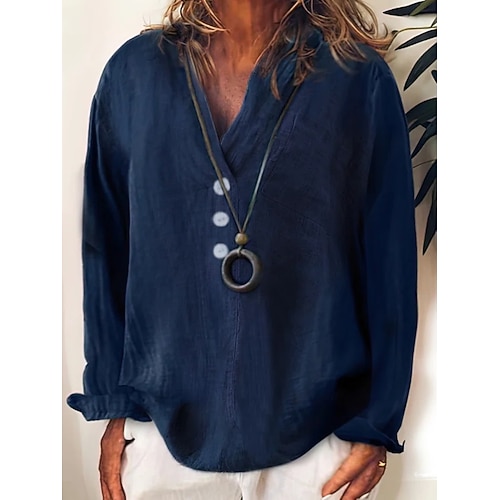 

Women's Plus Size Tops Blouse Shirt Plain Button Long Sleeve V Neck Basic Daily Vacation Cotton And Linen Fall Winter Dark Blue