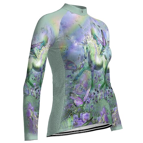 

21Grams Women's Cycling Jersey Long Sleeve Bike Top with 3 Rear Pockets Mountain Bike MTB Road Bike Cycling Breathable Quick Dry Moisture Wicking Reflective Strips Green Butterfly Polyester Spandex