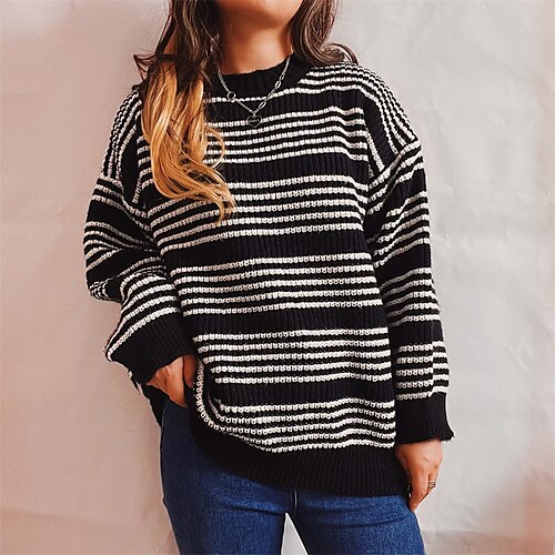 

Women's Pullover Sweater Jumper Crochet Knit Knitted Striped Crew Neck Stylish Casual Daily Holiday Fall Winter Black Beige S M L / Long Sleeve