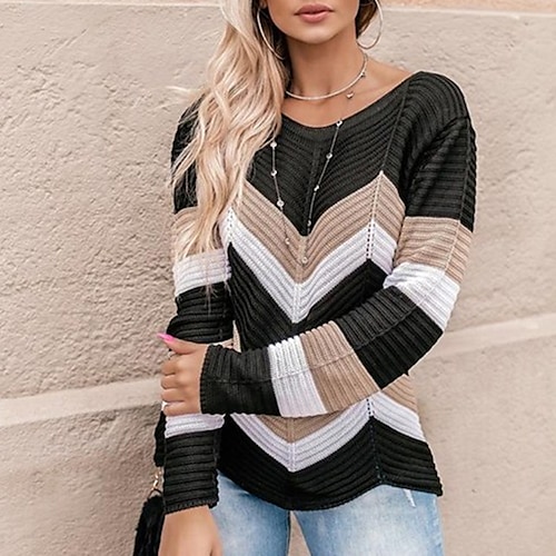 

Women's Jumper Crochet Knit Knitted Color Block V Neck Stylish Casual Outdoor Daily Winter Fall Blue Wine S M L / Long Sleeve / Regular Fit / Going out