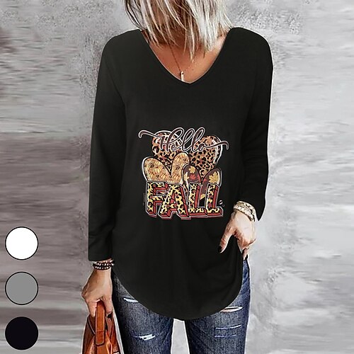 

Women's T shirt Tee Graphic Patterned Casual Weekend T shirt Tee Long Sleeve Print V Neck Basic White Black Gray S