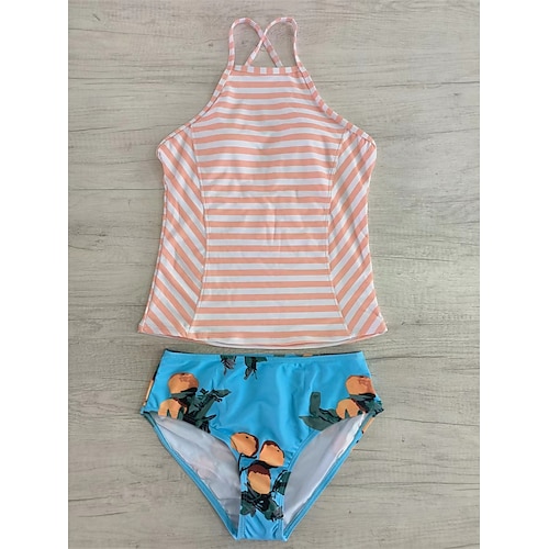 

Women's Swimwear Tankini 2 Piece Normal Swimsuit Backless High Waisted Print Striped Print Rosy Pink Strap Bathing Suits New Casual Vacation / Modern