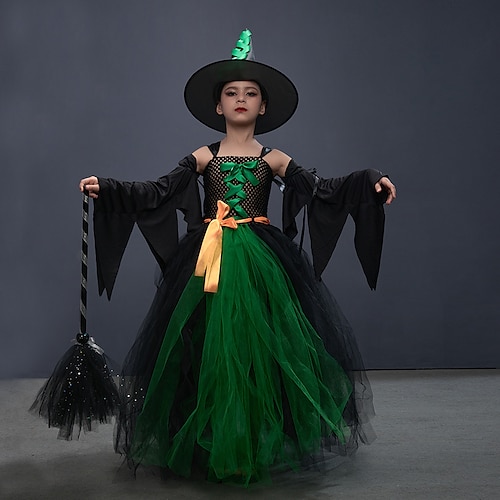 

Kids Girls' Hocus Pocus Witch Winifred Sanderson Halloween Dress Set Clothing Set 4 Pieces Sleeveless Green Purple Color Block Cosplay Costumes Costume 3-8 Years