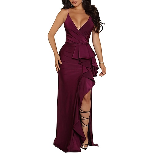 

Women's Party Dress Sheath Dress Slip Dress Long Dress Maxi Dress Green Wine Red Sleeveless Pure Color Ruffle Spring Summer Spaghetti Strap Mature Party Slim 2022 S M L XL XXL