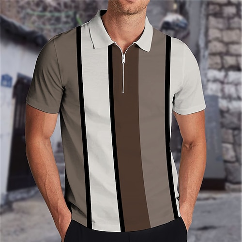 

Men's Collar Polo Shirt Golf Shirt Striped Turndown Khaki 3D Print Outdoor Street Short Sleeves Zipper Print Clothing Apparel Fashion Designer Casual Breathable / Summer / Spring / Summer