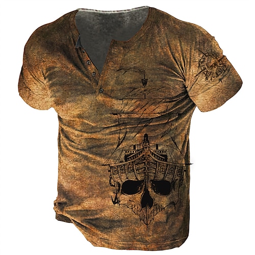 

Men's T shirt Tee Henley Shirt Tee Graphic Skull Henley Brown 3D Print Plus Size Outdoor Daily Short Sleeve Button-Down Print Clothing Apparel Basic Designer Casual Classic / Summer / Summer / Sports